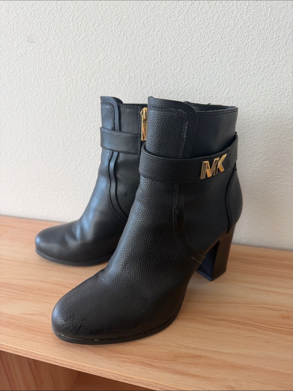 Michael Kors Black Leather Ankle Boots with Gold MK Accent